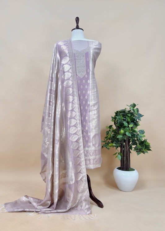 Light Pink Pure Tissue Silk Unstitched Suit With Zari Weaving