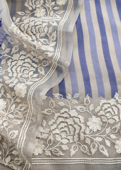 Blue Handloom Kora Silk Suit Fabric With Resham Embroidery