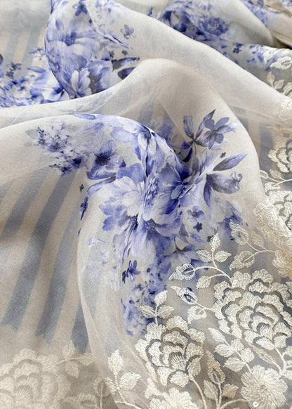 Blue Handloom Kora Silk Suit Fabric With Resham Embroidery