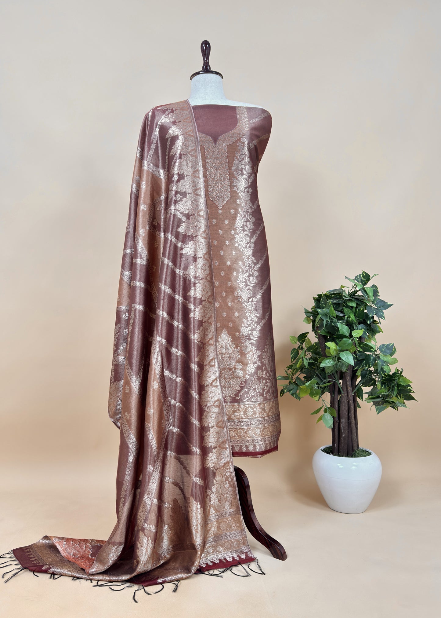 Light Pink Pure Tissue Silk Unstitched Suit With Zari Weaving