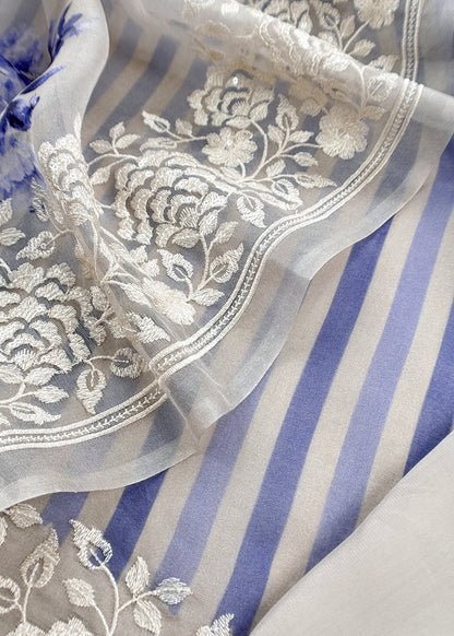 Blue Handloom Kora Silk Suit Fabric With Resham Embroidery