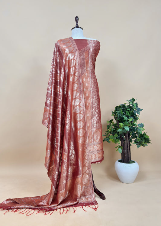 Rust Pure Tissue Silk Unstitched Suit With Zari Weaving
