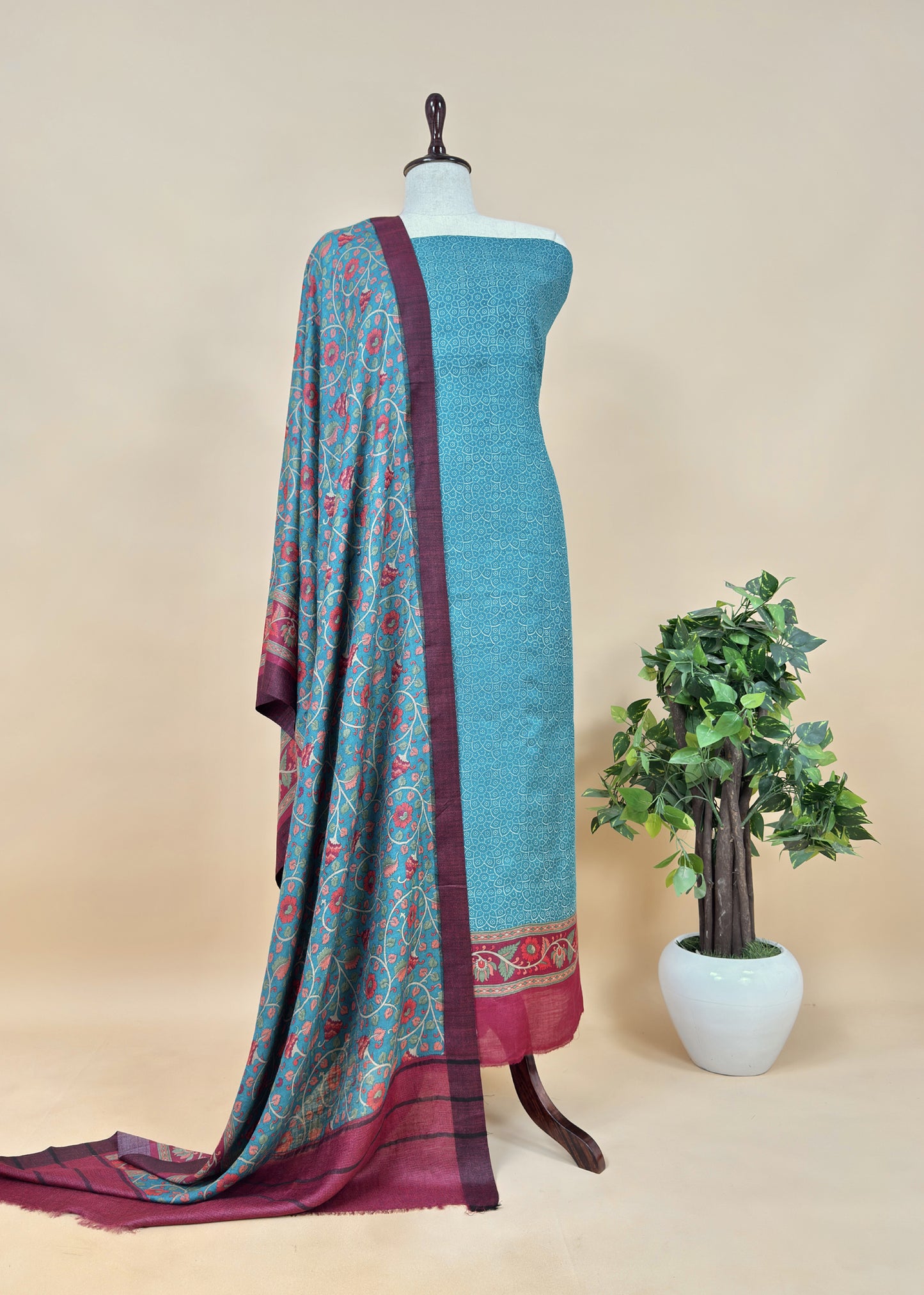 Turquoise Pure Pashmina Suit fabric with Kalamkari Brush print