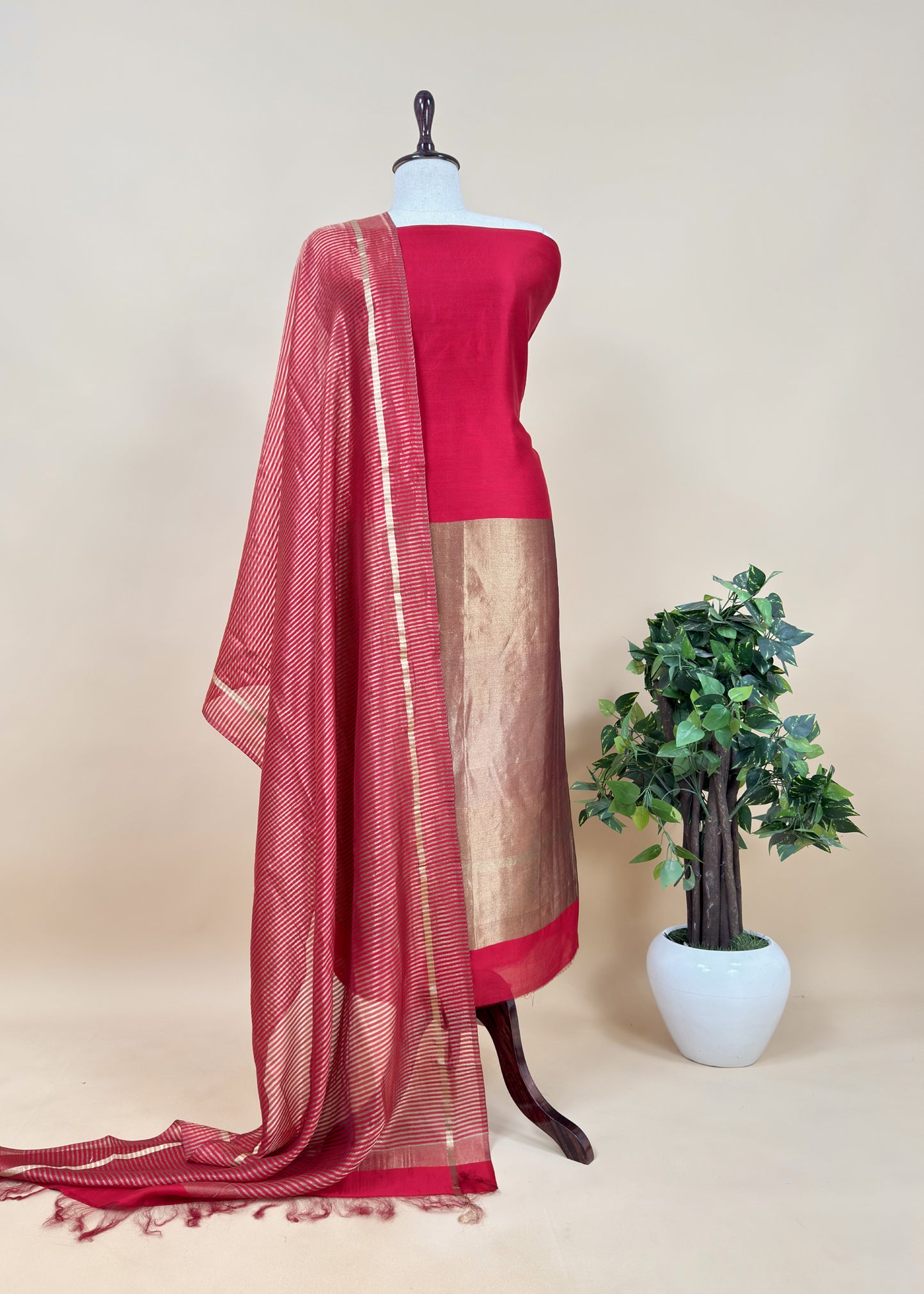 Red Kalasheel Luxe Indian Antique Handwoven Chanderi Suit With Heavy Gold Zari