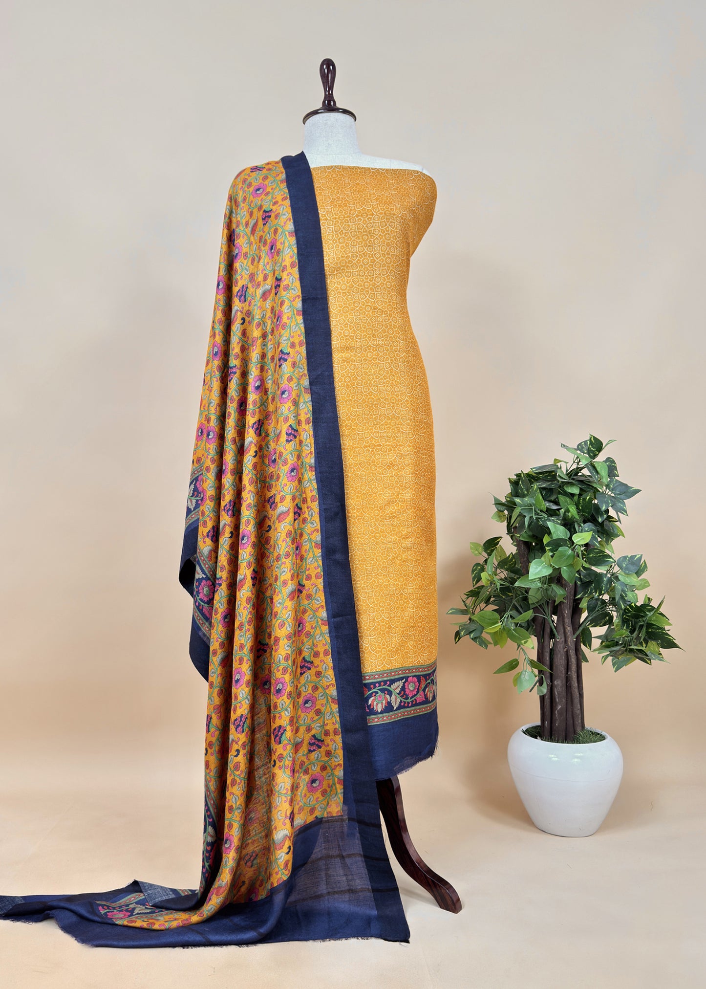 Turquoise Pure Pashmina Suit fabric with Kalamkari Brush print