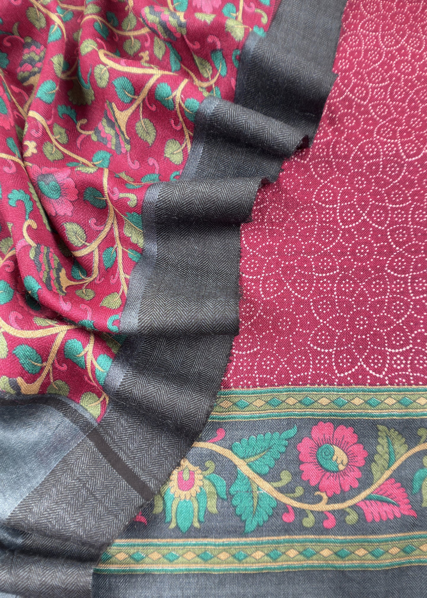Wine Pure Pashmina Suit fabric with Kalamkari Brush print