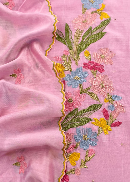 Pink Handloom Chanderi Silk With Floral Thread Embroidery