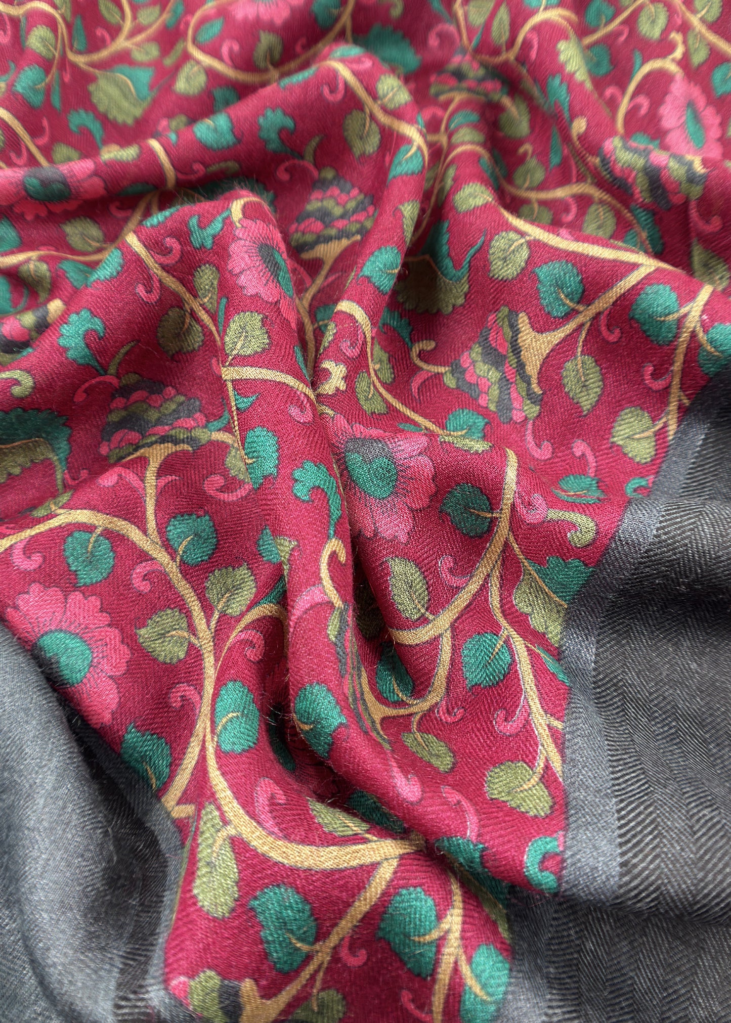 Wine Pure Pashmina Suit fabric with Kalamkari Brush print