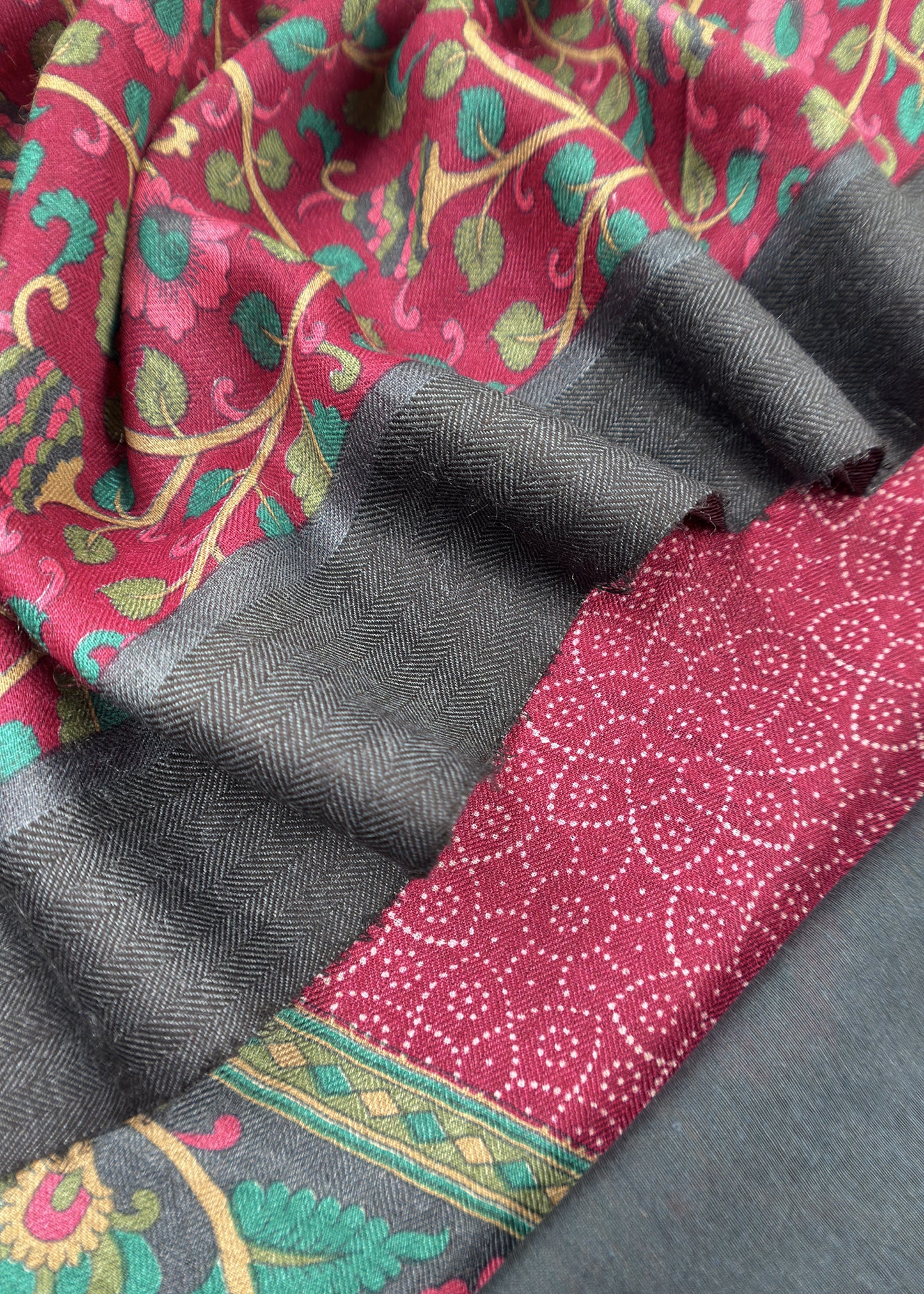 Wine Pure Pashmina Suit fabric with Kalamkari Brush print