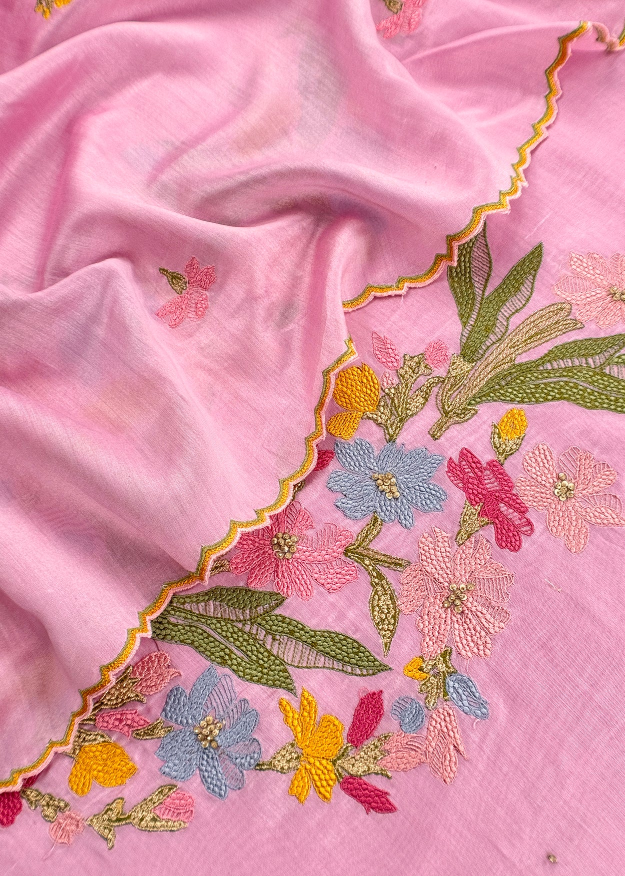 Pink Handloom Chanderi Silk With Floral Thread Embroidery