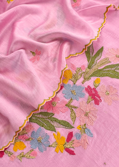 Pink Handloom Chanderi Silk With Floral Thread Embroidery