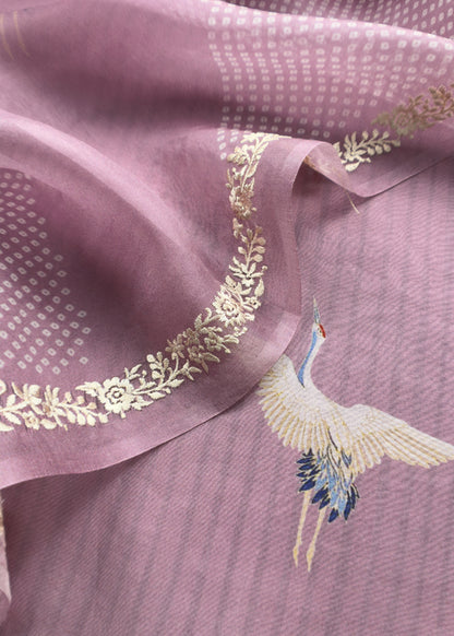 Mauve Pure Organza Silk Suit With Bandhani Print Dupatta