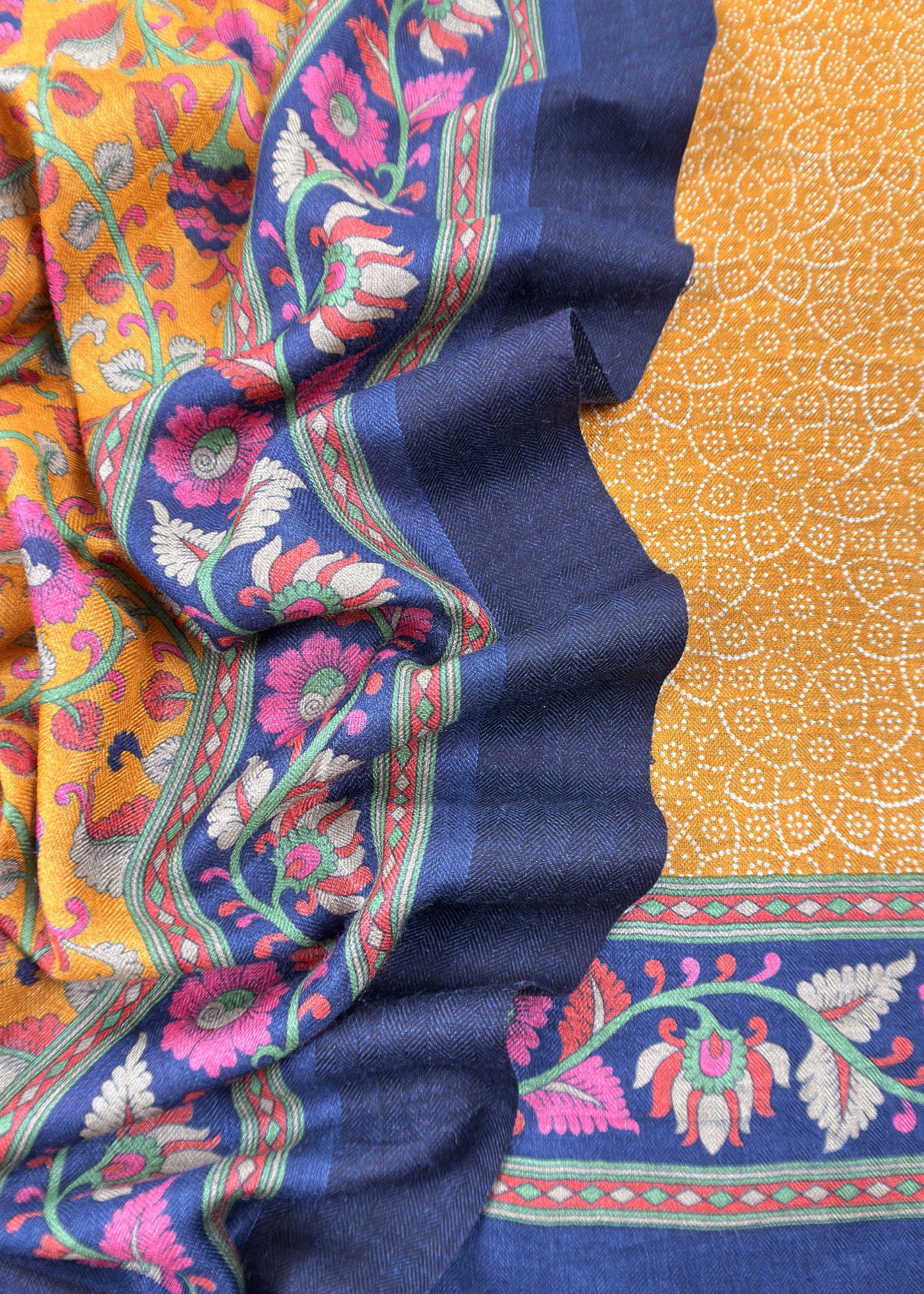 Yellow Pure Pashmina Suit fabric with Kalamkari Brush print