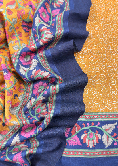 Yellow Pure Pashmina Suit fabric with Kalamkari Brush print