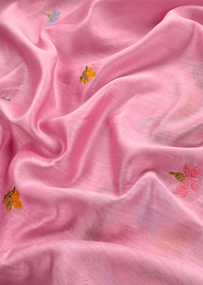 Pink Handloom Chanderi Silk With Floral Thread Embroidery