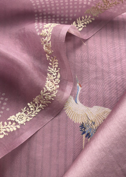 Mauve Pure Organza Silk Suit With Bandhani Print Dupatta