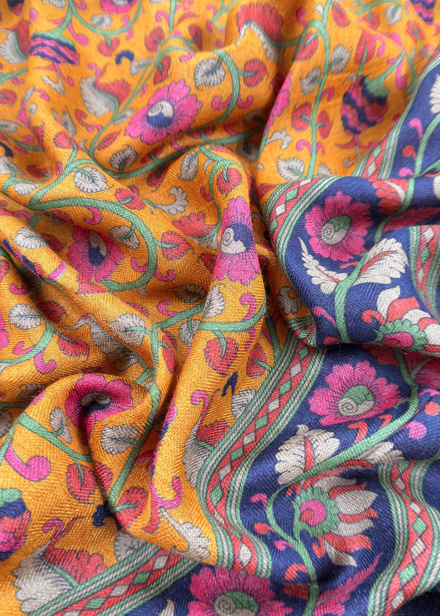 Yellow Pure Pashmina Suit fabric with Kalamkari Brush print