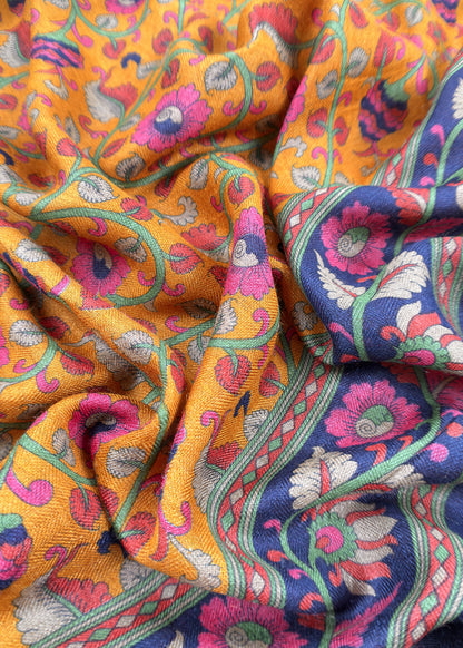 Yellow Pure Pashmina Suit fabric with Kalamkari Brush print