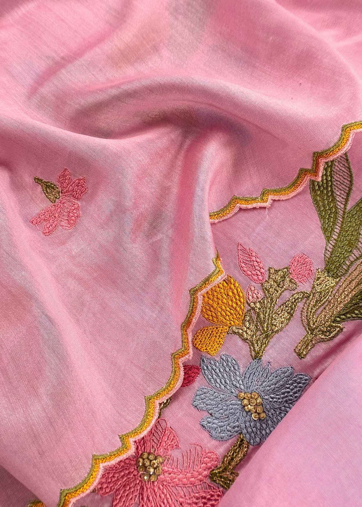 Pink Handloom Chanderi Silk With Floral Thread Embroidery