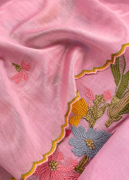 Pink Handloom Chanderi Silk With Floral Thread Embroidery