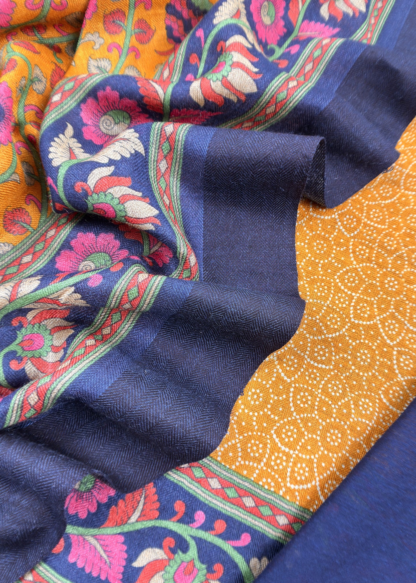 Yellow Pure Pashmina Suit fabric with Kalamkari Brush print