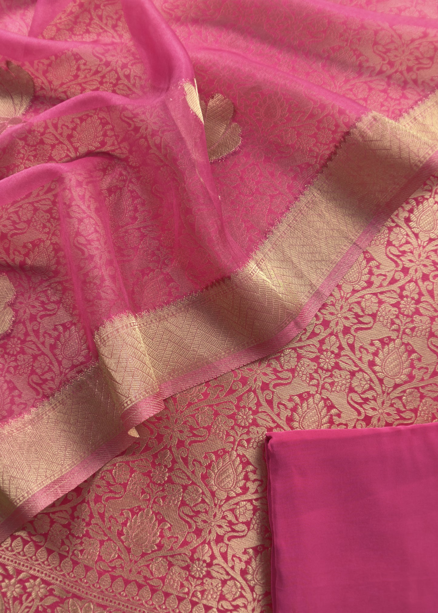 Pink Banarasi Silk Brocade Suit With Organza Dupatta