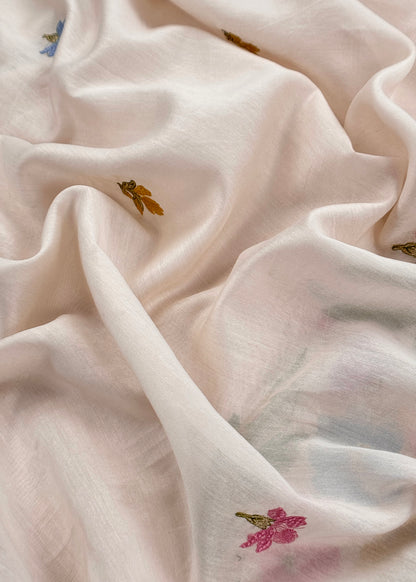 White Handloom Chanderi Silk With Floral Thread Embroidery