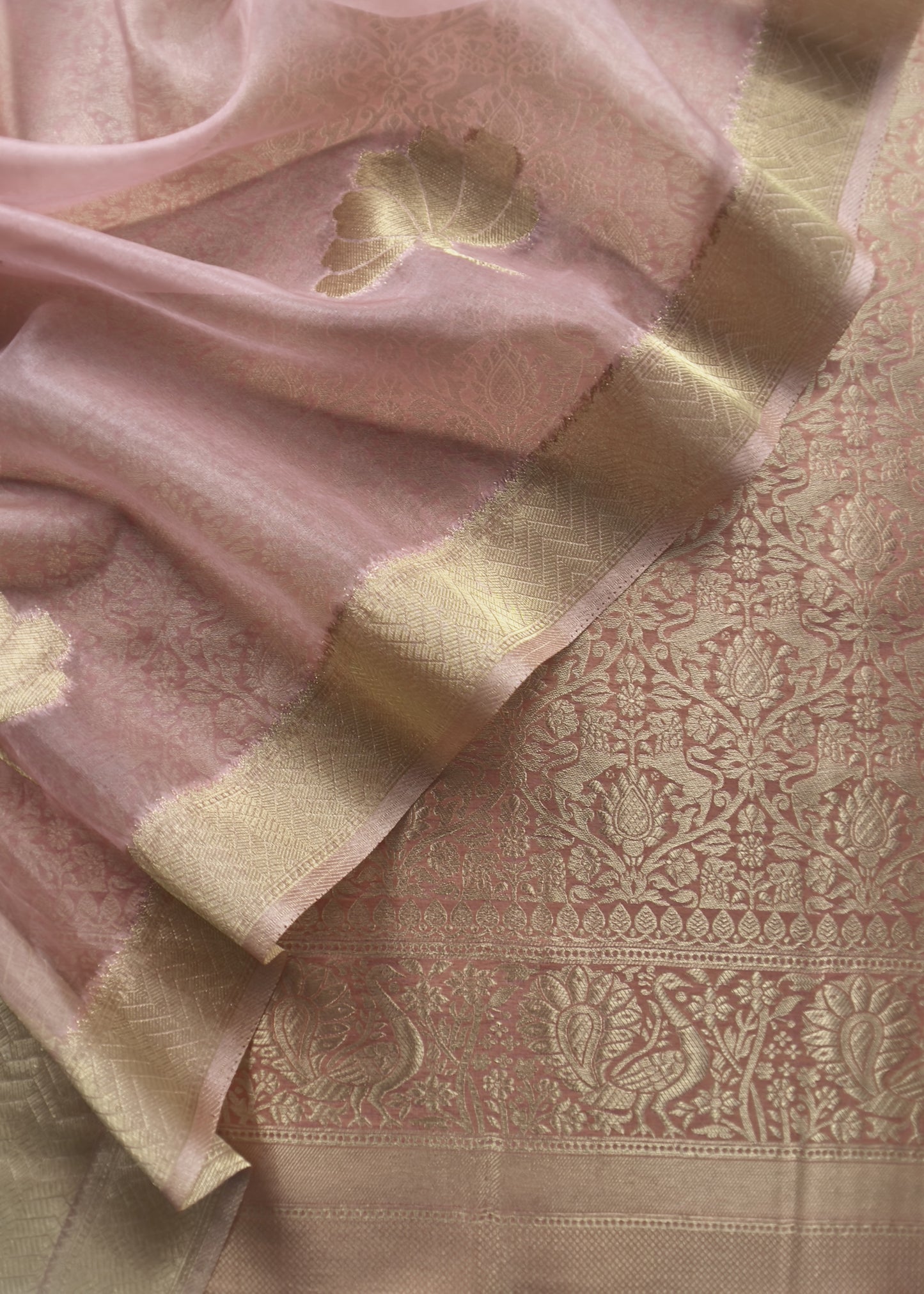 Baby Pink Banarasi Silk Brocade Suit With Organza Dupatta