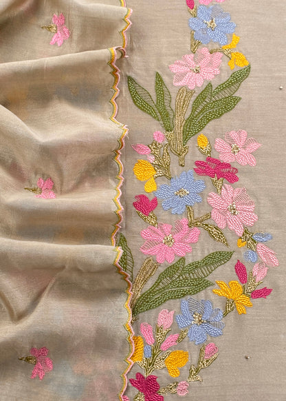 Beige Handloom Chanderi Silk With Floral Thread Embroidery