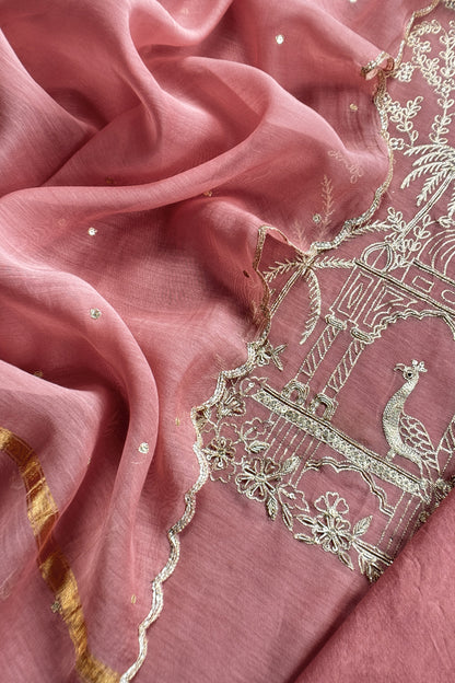 Mauve Pink Handloom Mul Suit With Chidiya Resham Zari Embroidery