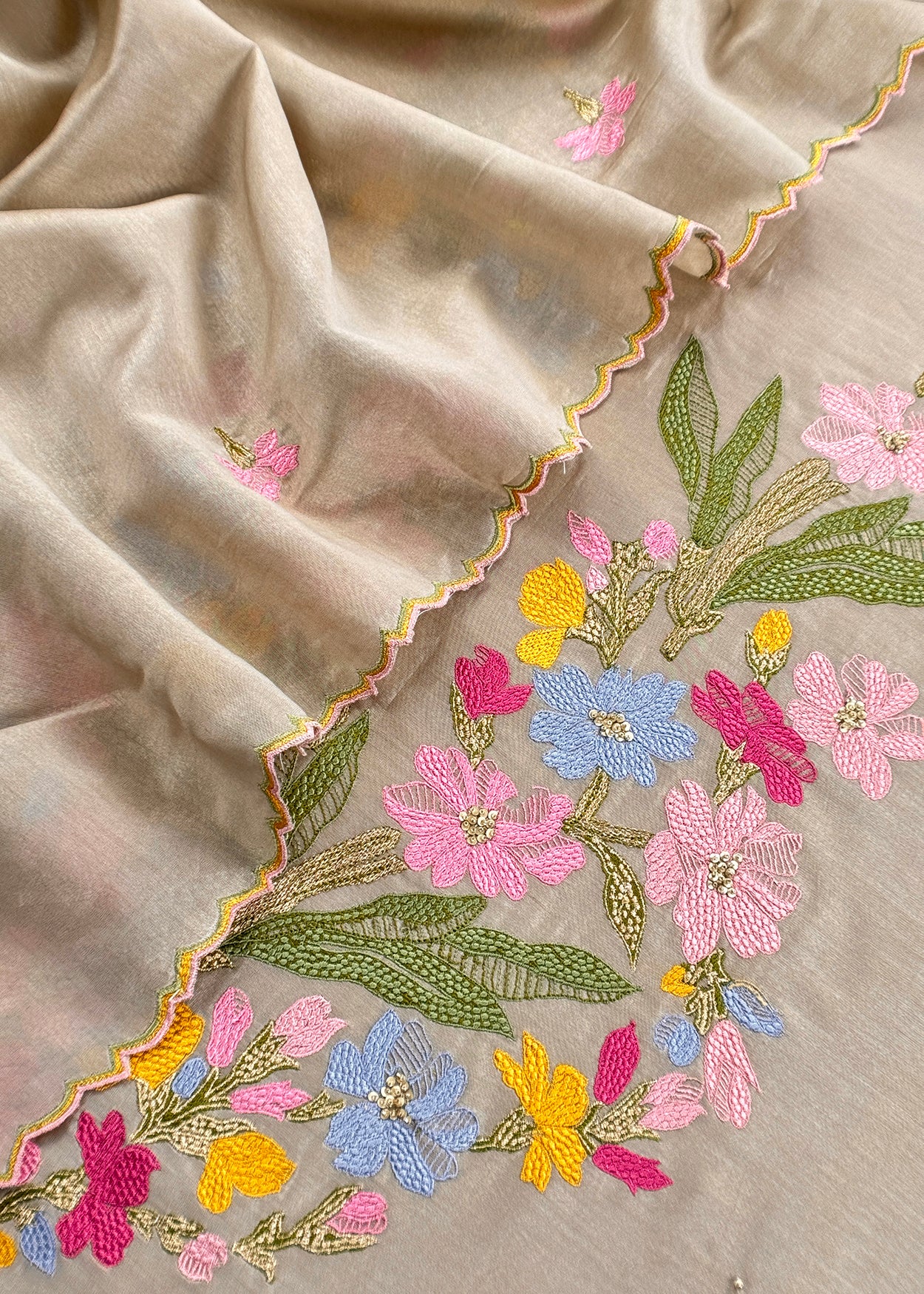 Beige Handloom Chanderi Silk With Floral Thread Embroidery