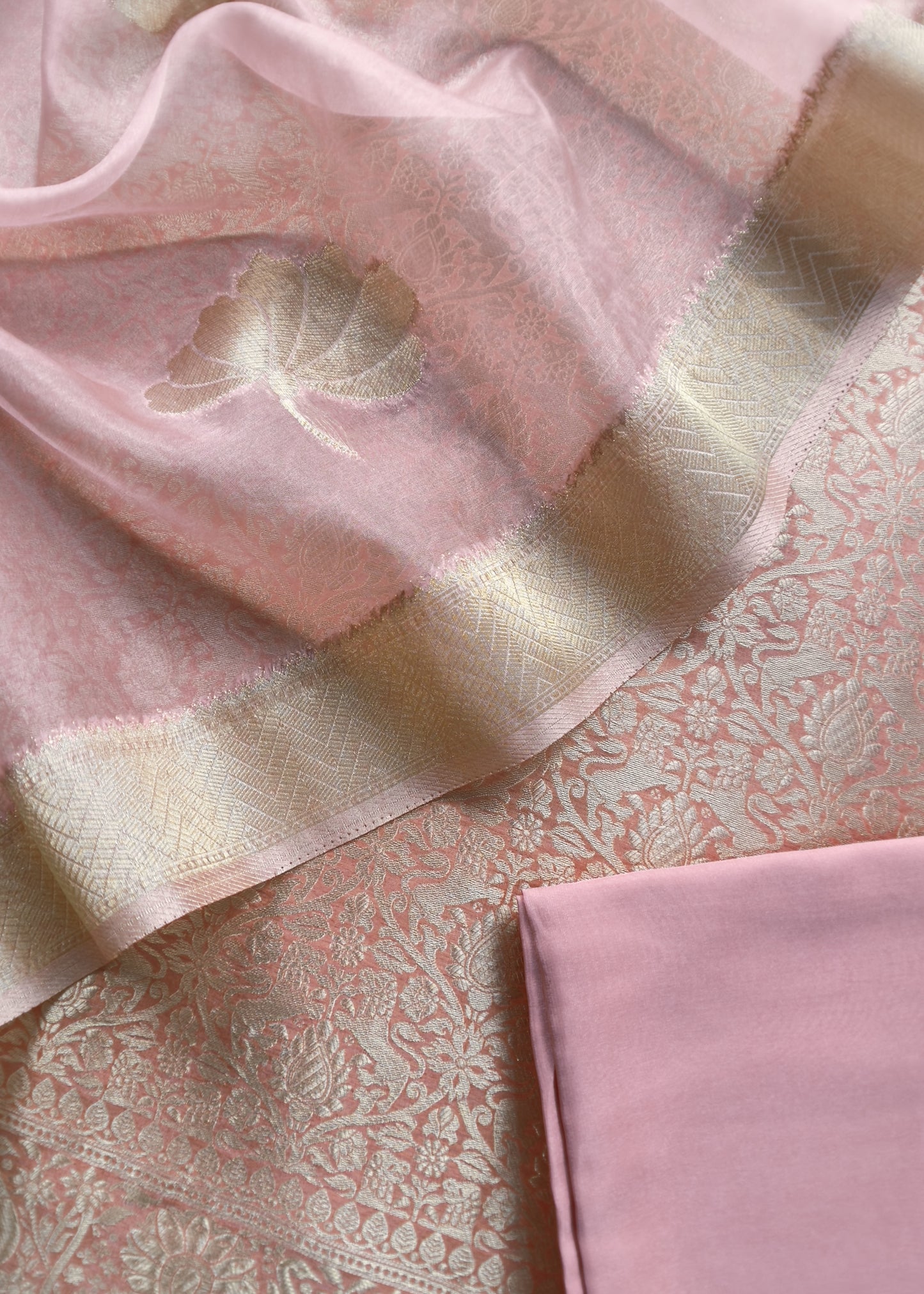 Baby Pink Banarasi Silk Brocade Suit With Organza Dupatta