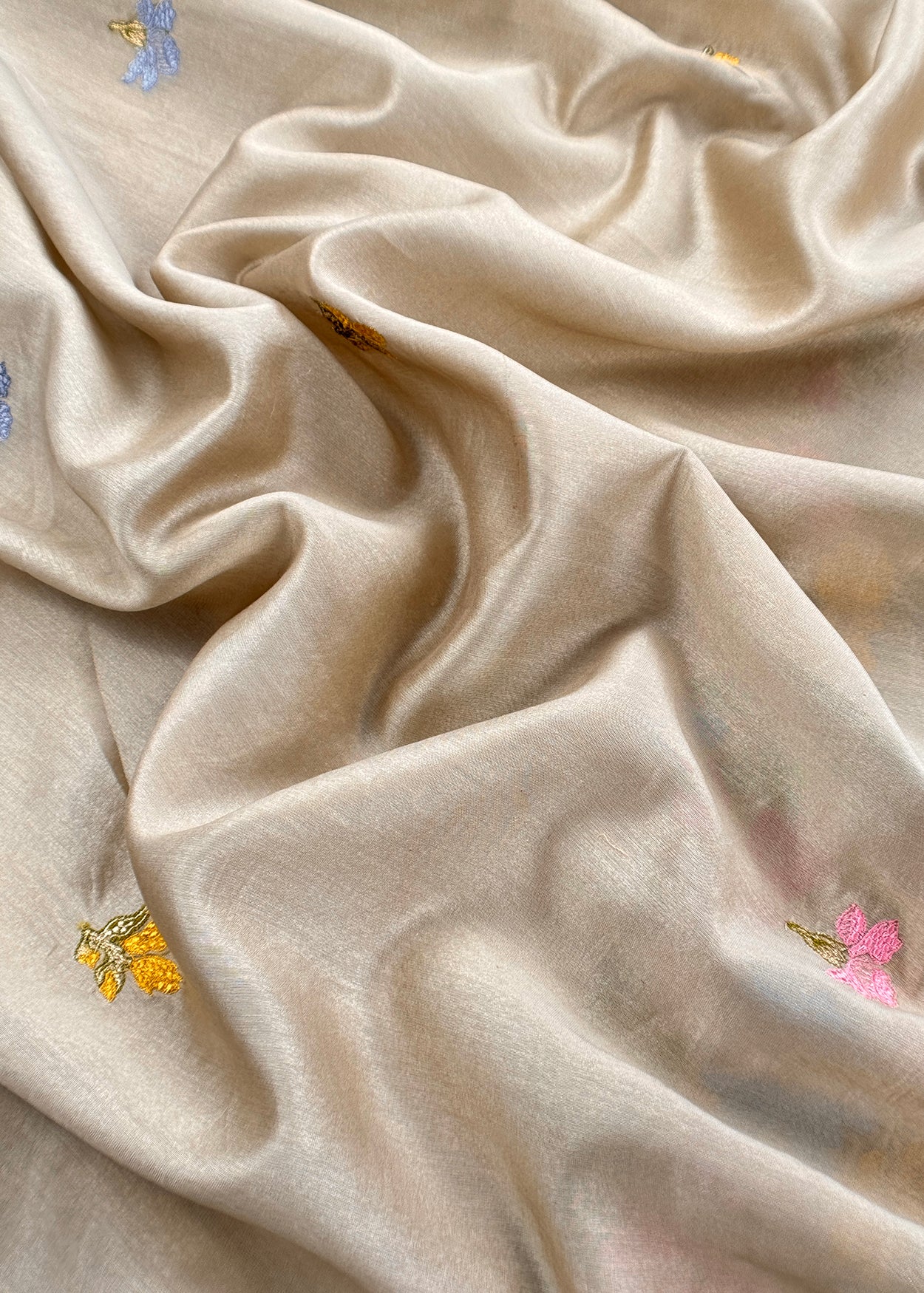 Beige Handloom Chanderi Silk With Floral Thread Embroidery