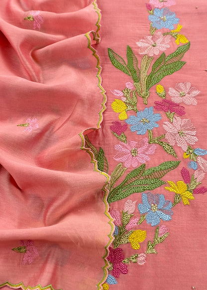 Peach Handloom Chanderi Silk With Floral Thread Embroidery