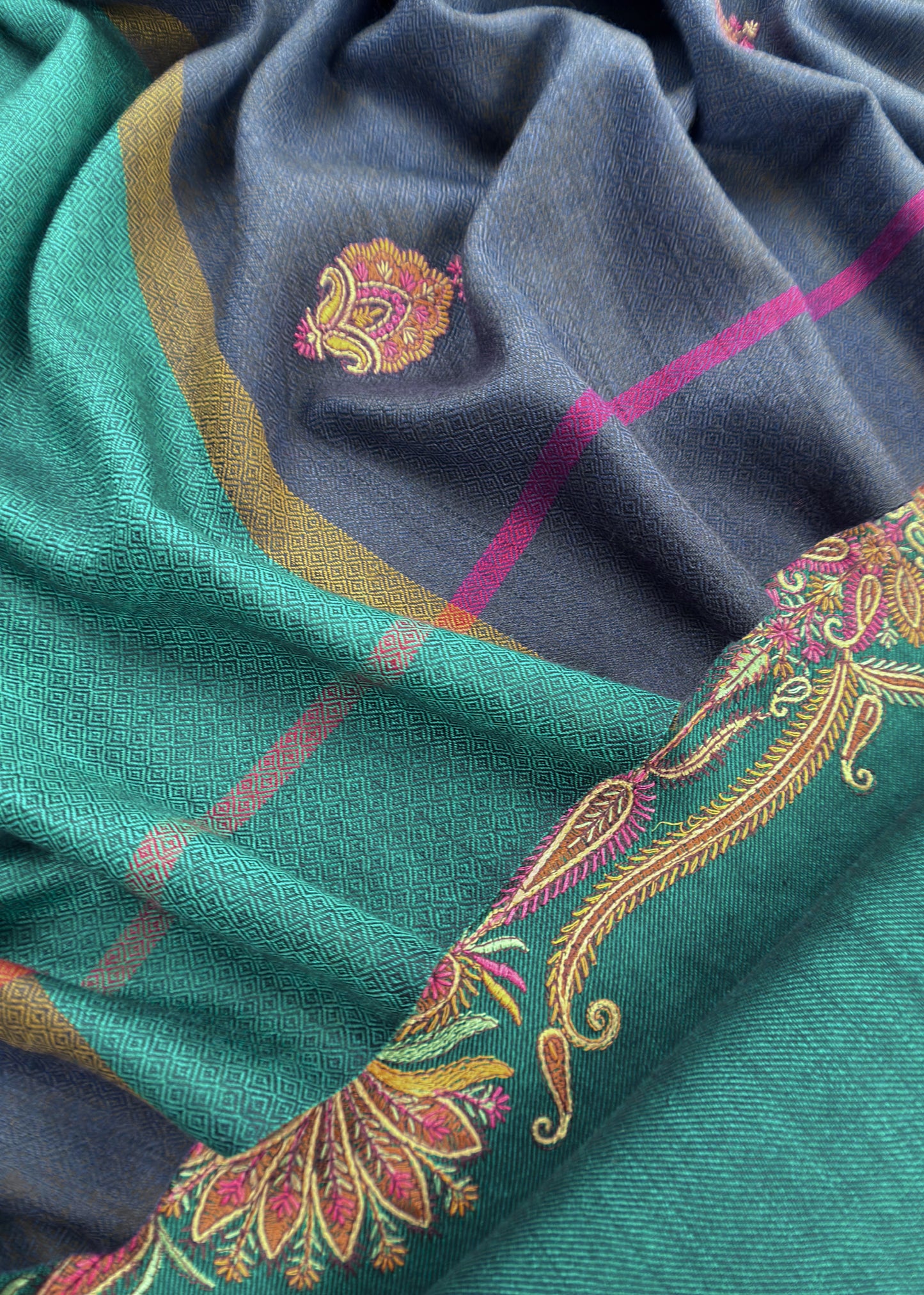 Green Color Block Winters Handloom Pashmina Suit Fabric With Kashmiri Aari embroidery