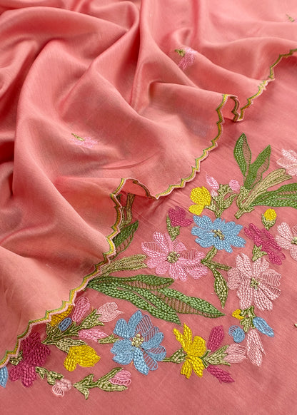 Peach Handloom Chanderi Silk With Floral Thread Embroidery