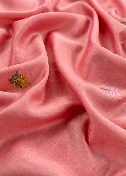 Peach Handloom Chanderi Silk With Floral Thread Embroidery