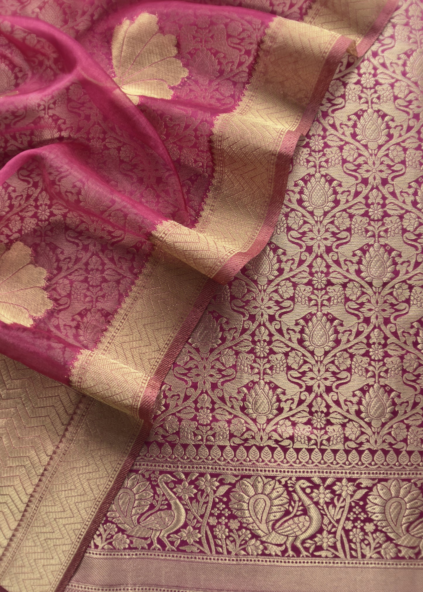 Redish Pink Banarasi Silk Brocade Suit With Organza Dupatta