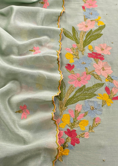 Sage Green Handloom Chanderi Silk With Floral Thread Embroidery