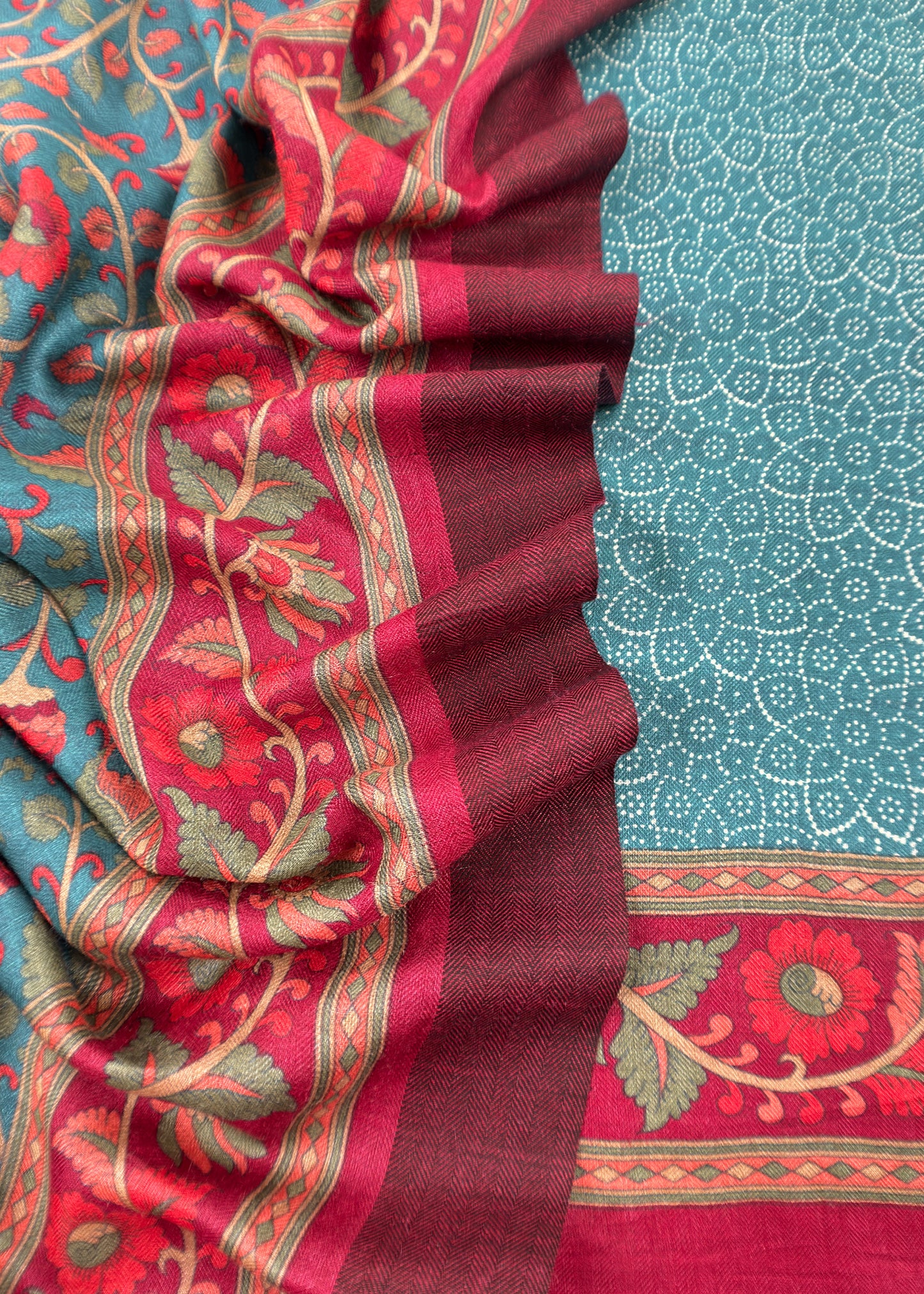 Turquoise Pure Pashmina Suit fabric with Kalamkari Brush print