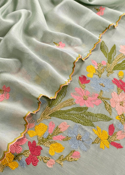 Sage Green Handloom Chanderi Silk With Floral Thread Embroidery