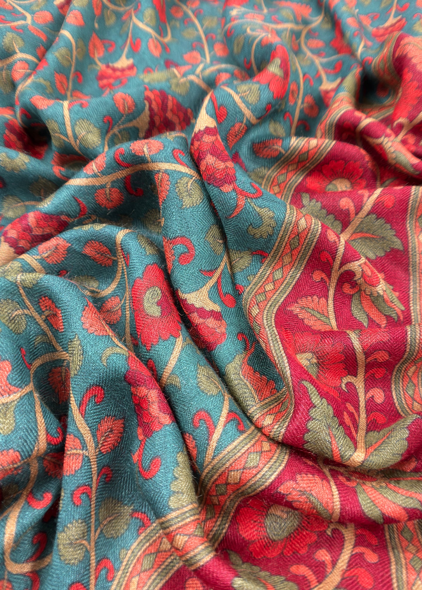 Turquoise Pure Pashmina Suit fabric with Kalamkari Brush print