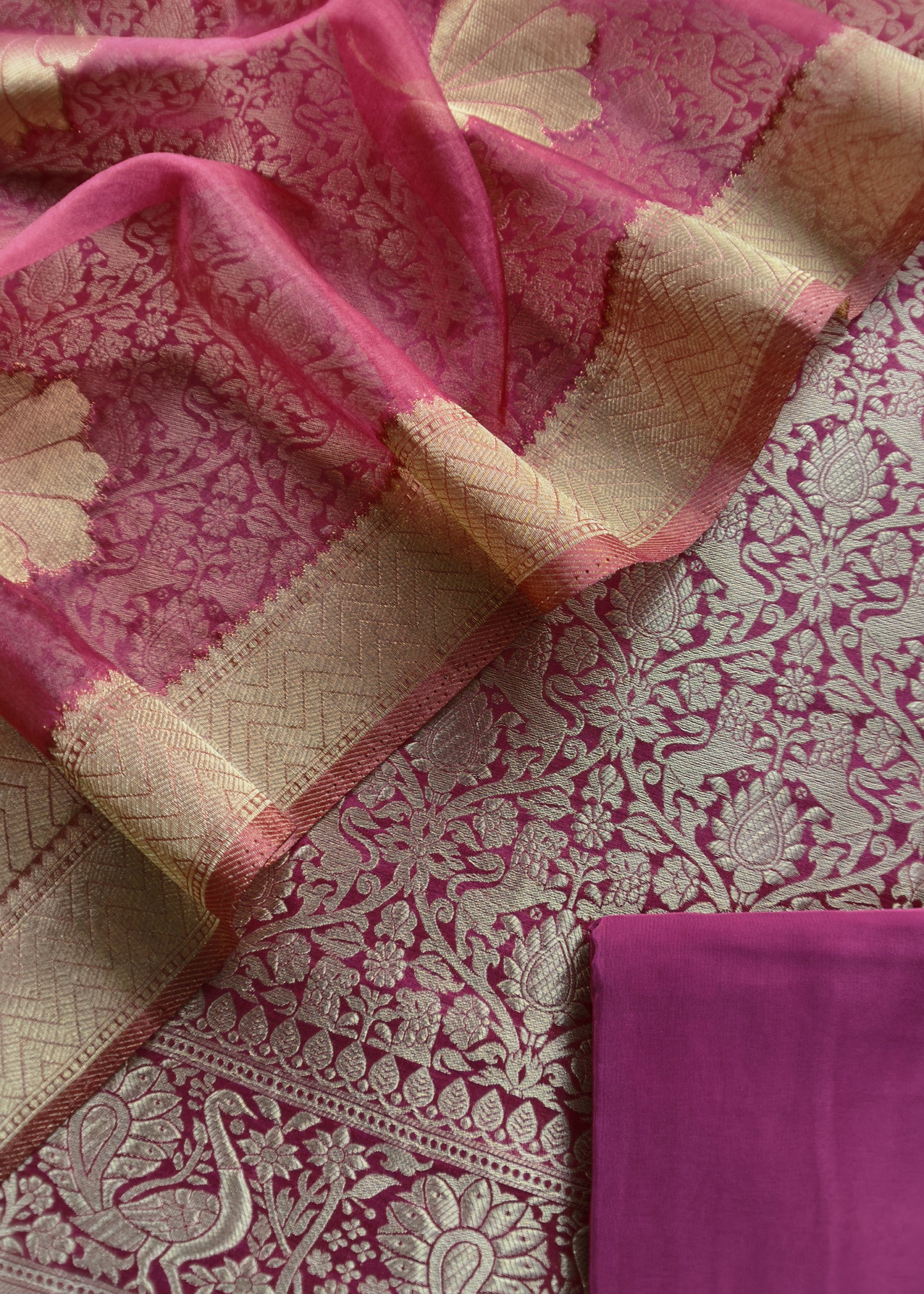 Redish Pink Banarasi Silk Brocade Suit With Organza Dupatta