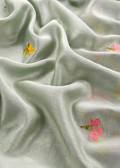 Sage Green Handloom Chanderi Silk With Floral Thread Embroidery