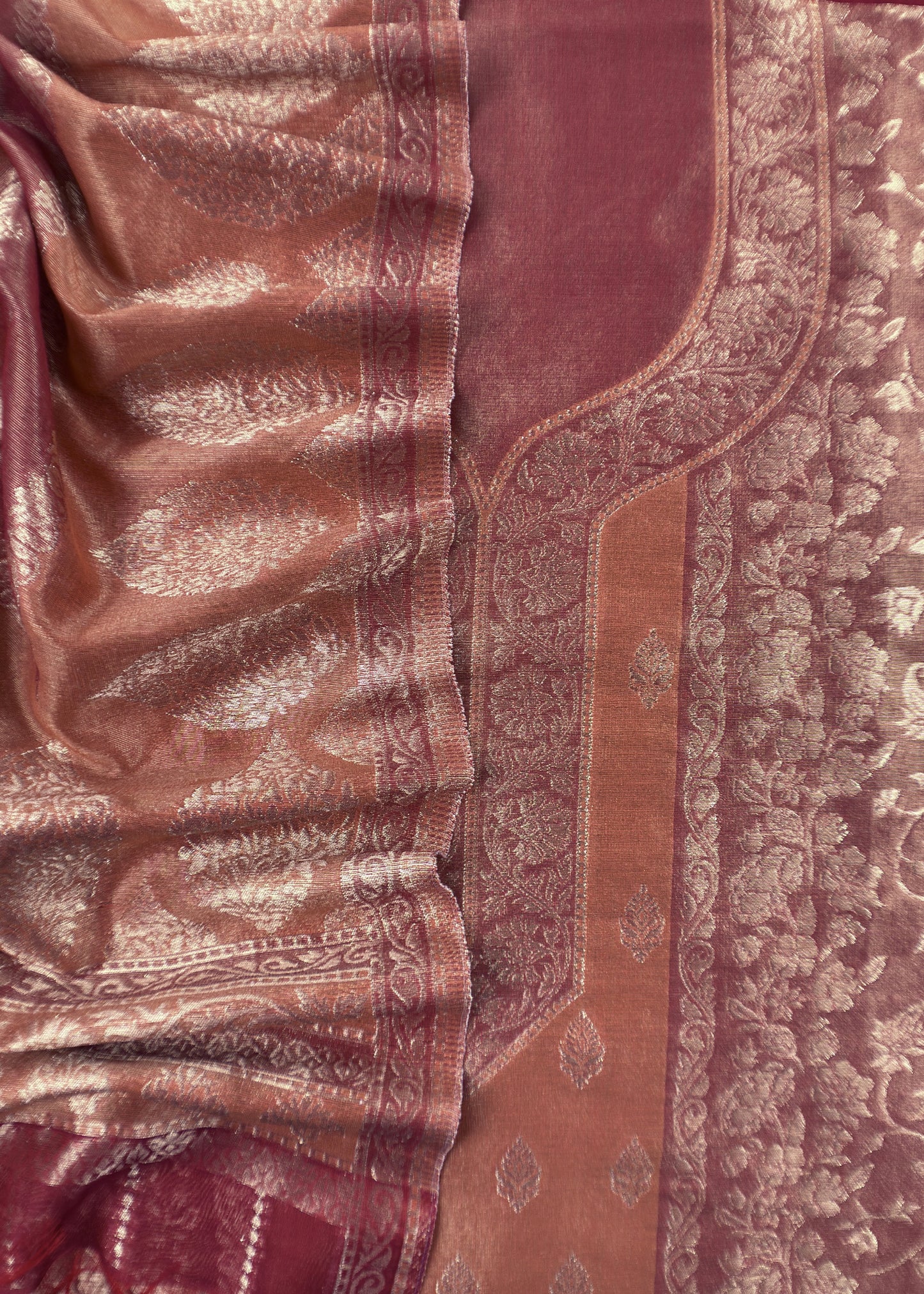 Rust Pure Tissue Silk Unstitched Suit With Zari Weaving