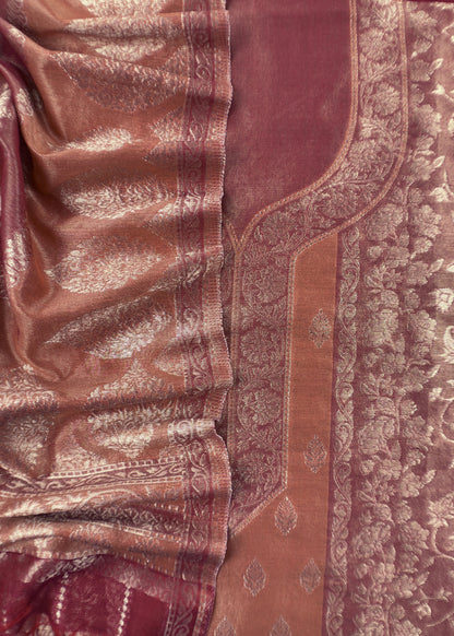 Rust Pure Tissue Silk Unstitched Suit With Zari Weaving