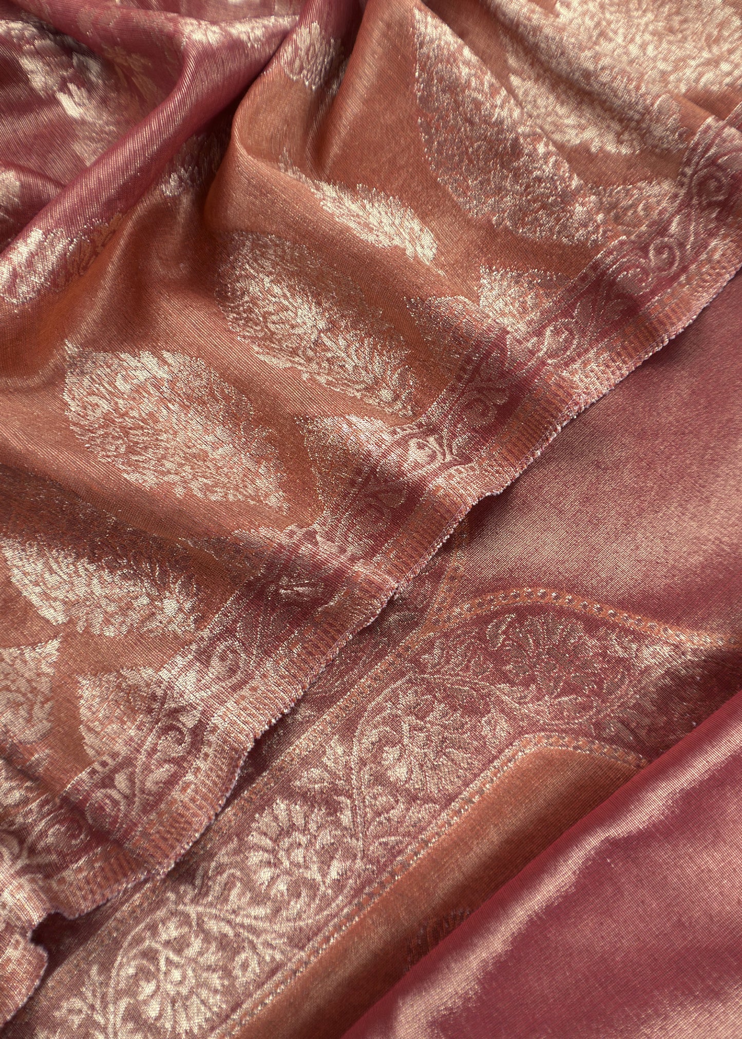 Rust Pure Tissue Silk Unstitched Suit With Zari Weaving