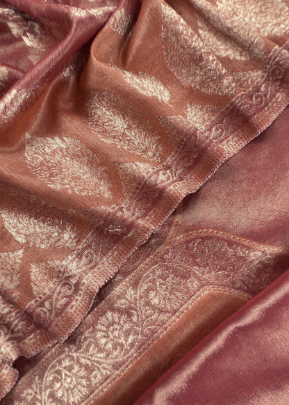 Rust Pure Tissue Silk Unstitched Suit With Zari Weaving