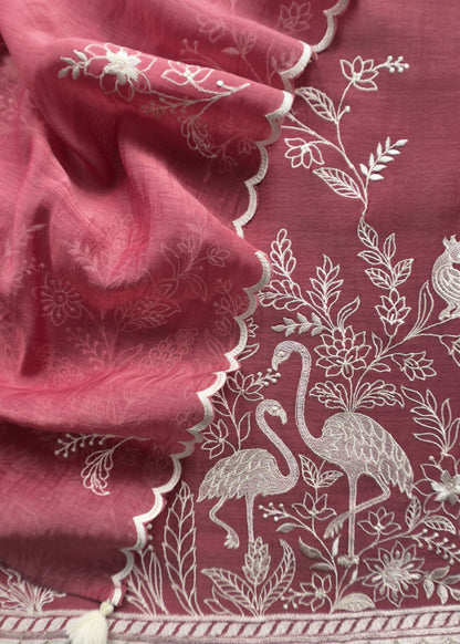 Rani Pink Mul Chanderi Suit With Flamingo And Peacock Embroidery
