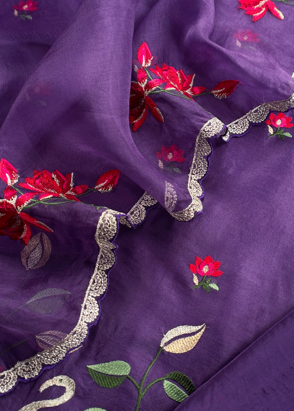Pure handloom kora silk suit with resham embroidery

